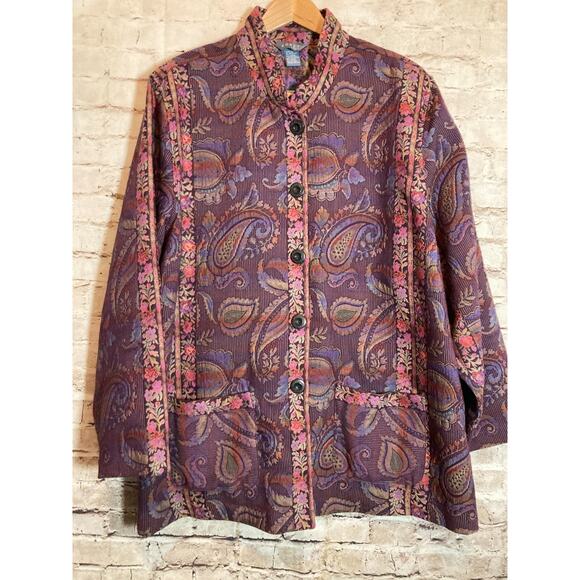 Koret Tapestry Jacket Womens Plus 28W Purple Paisley Button Front Artsy Pockets - Picture 1 of 14